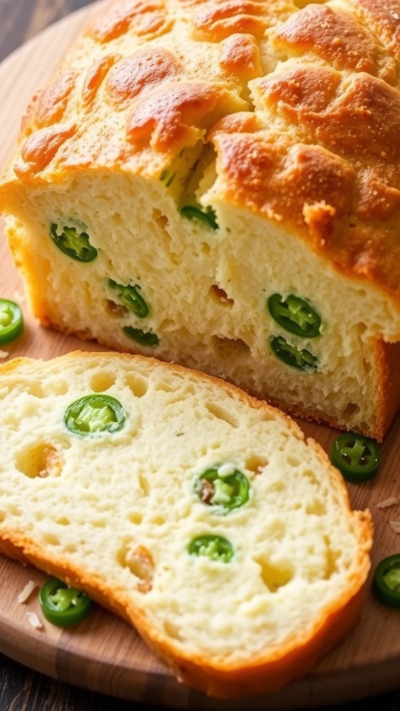 Homemade Jalapeño Cheese Bread Recipe A golden loaf of jalapeño cheese bread, sliced to show the soft interior with jalapeños and cheese, on a wooden cutting board.